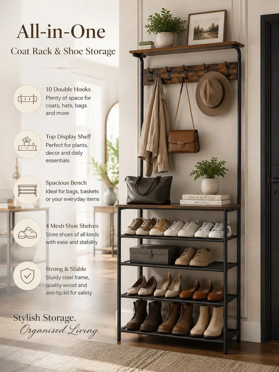 Industrial Coat Rack with Shoe Storage & Bench | H - Image 1