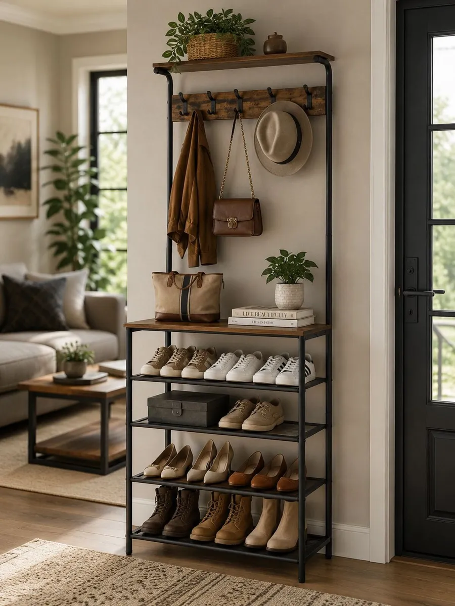 Industrial Coat Rack with Shoe Storage & Bench | H - Image 2