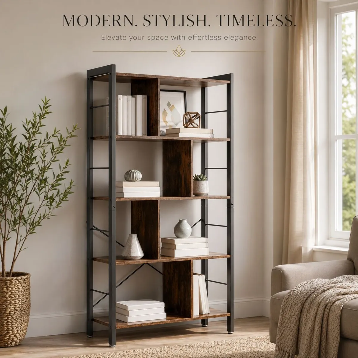 Vintage Brown Bookcase with Industrial Steel Frame - Image 1