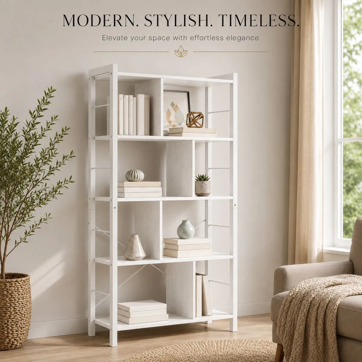 Modern 5-Tier Maple White Bookcase - Image 1