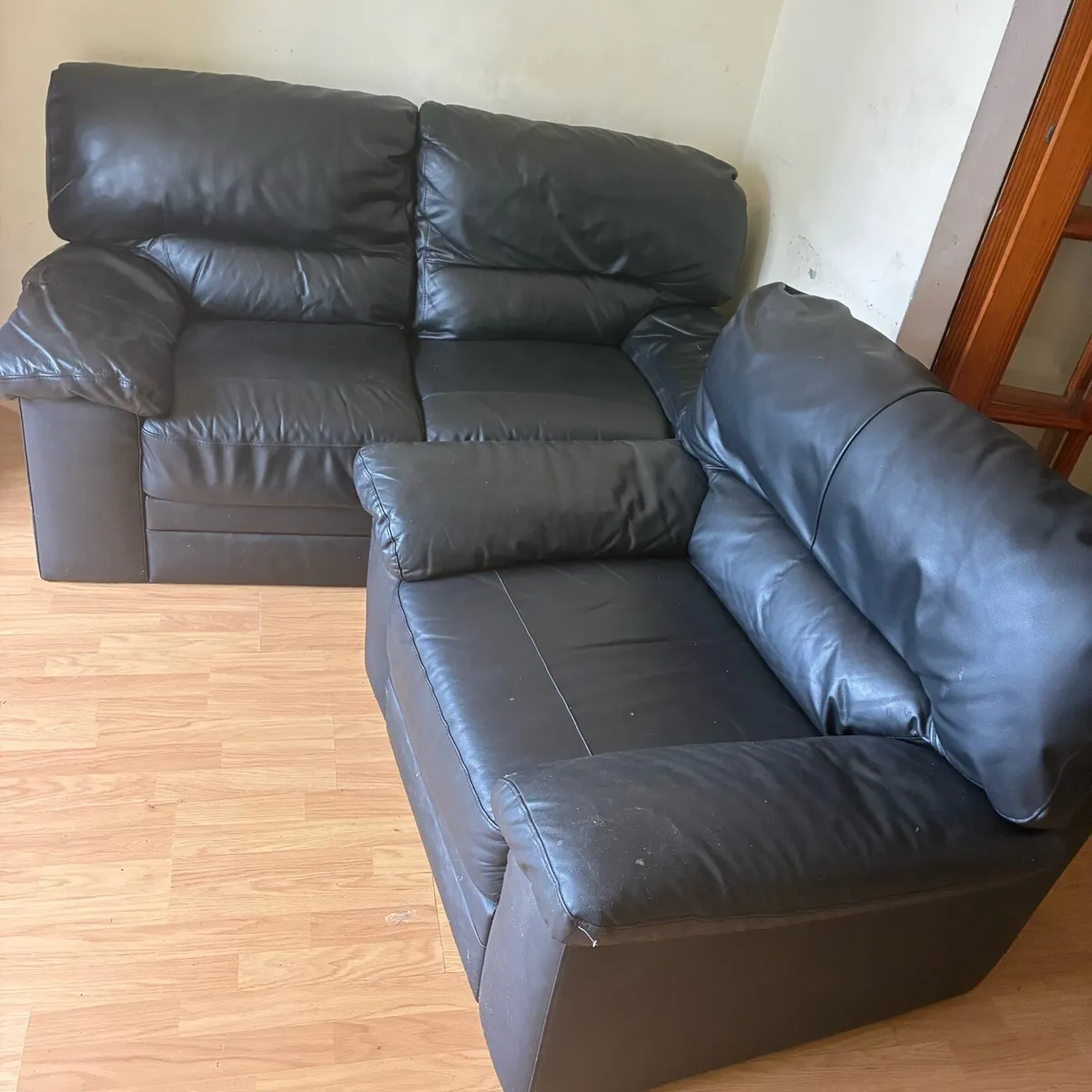 Black leather 2+1 couch and armchair - Image 1