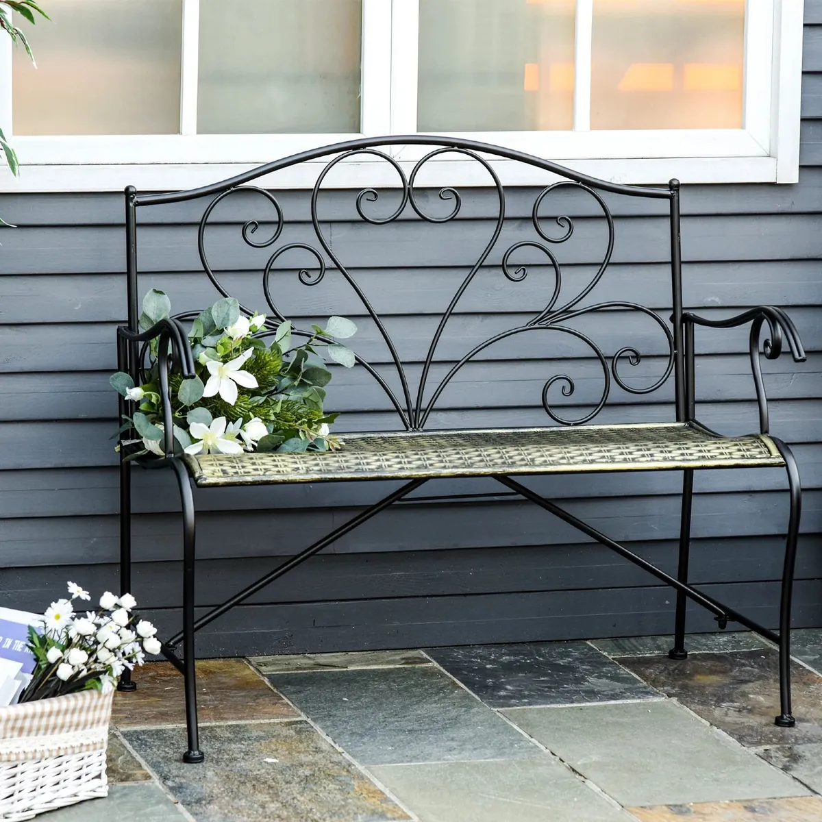 2-Seater Garden Bench Solid Metal Loveseat Imitate - Image 1