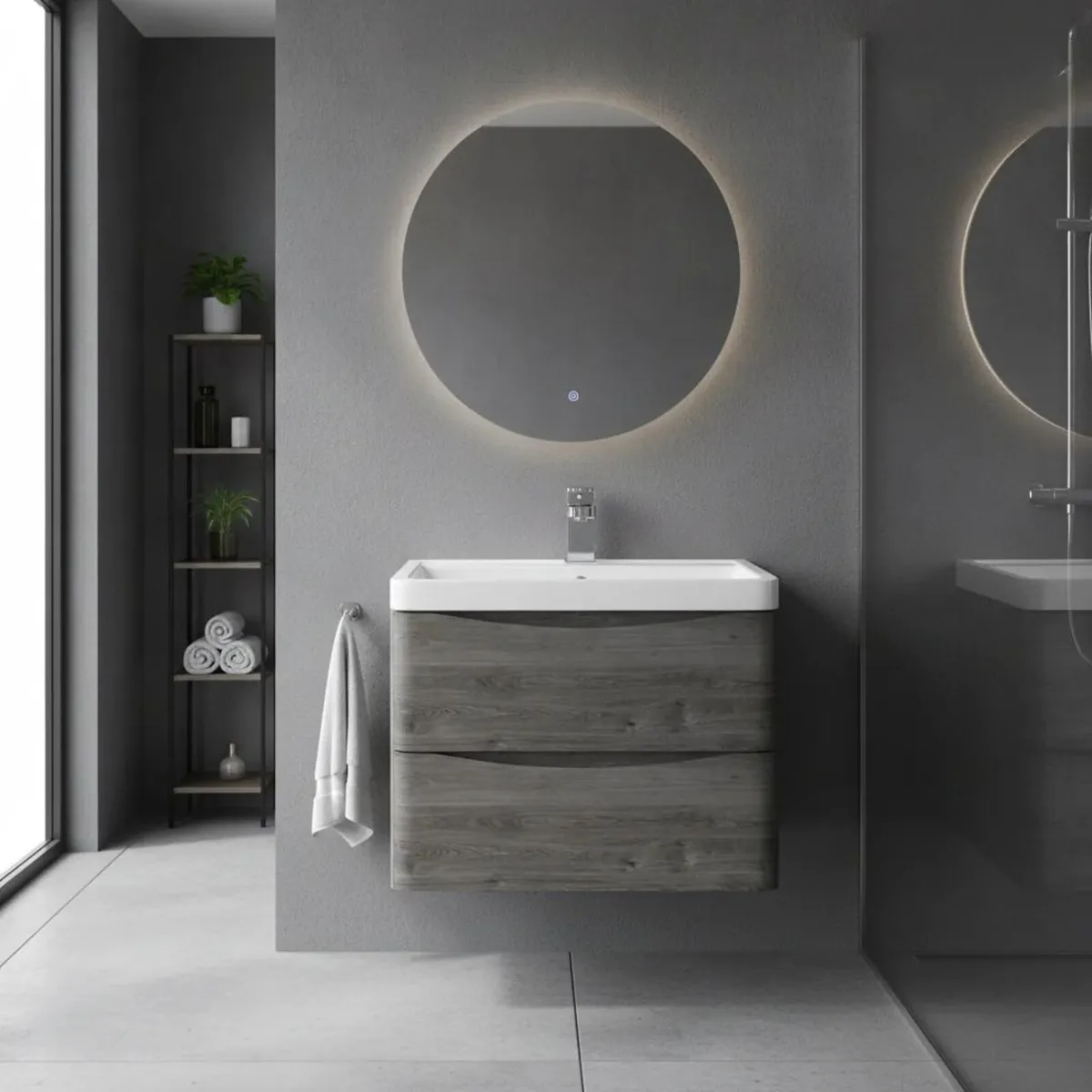 600mm Wall Hung Vanity Unit & Basin Graphite Oak - Image 2