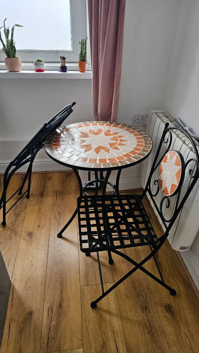 Unused Mosaic Bistro Table & 2 Folding Chairs Set - Image 1