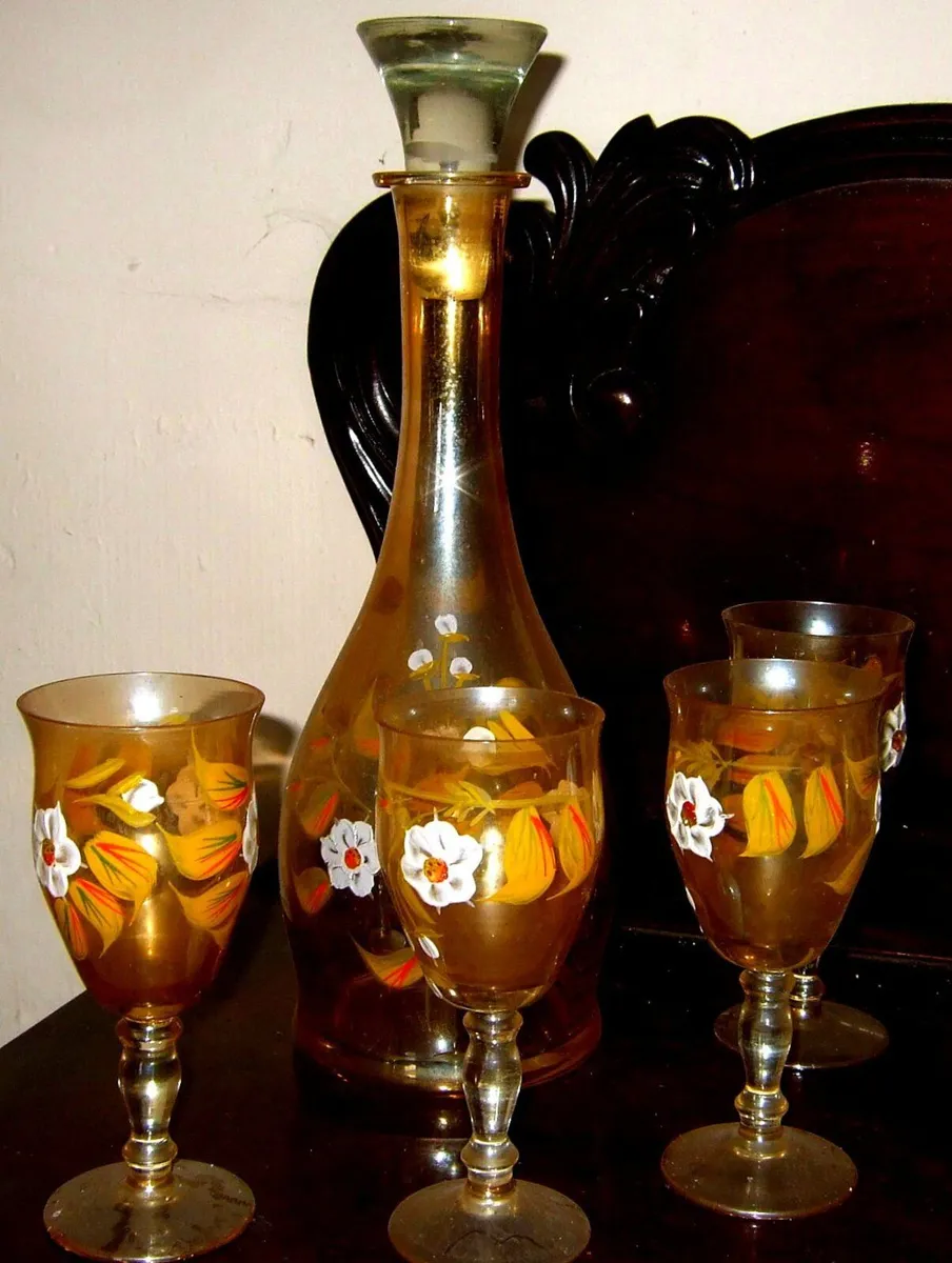 Vintage Bohemian Amber Glass Decanter & 4 Glasses - Image 1