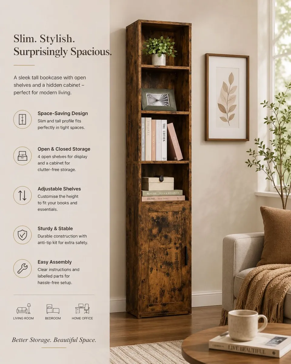 Slim Tall Vintage Brown Bookcase with Cabinet Stor - Image 1