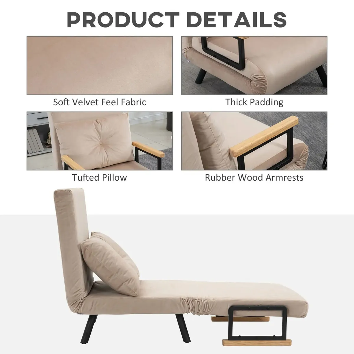 4 in 1 Velvet Feel Single Chair Bed, with Throw Pi - Image 4
