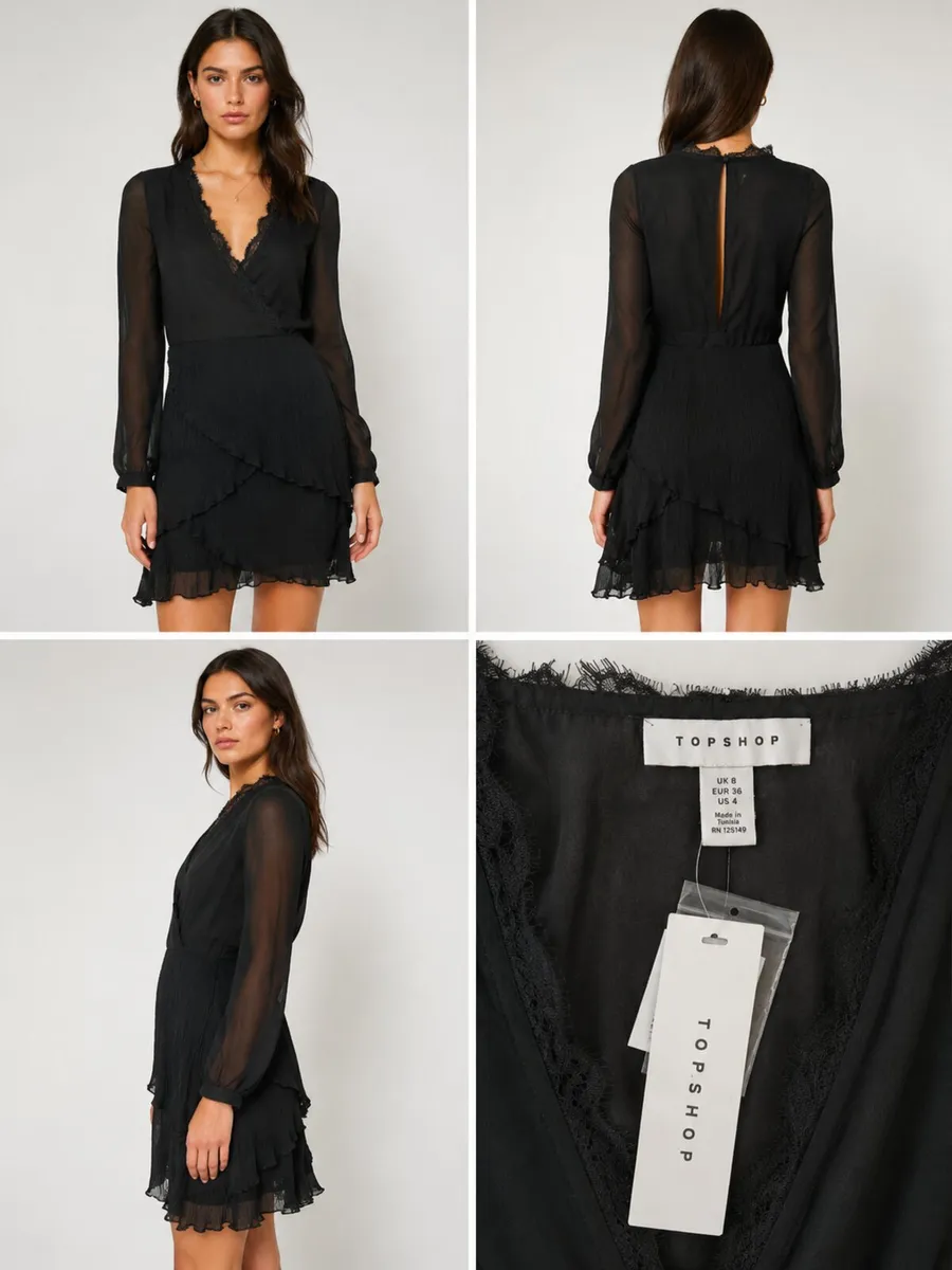 Topshop Black Wrap Mini Dress – UK Size 8 - Image 1