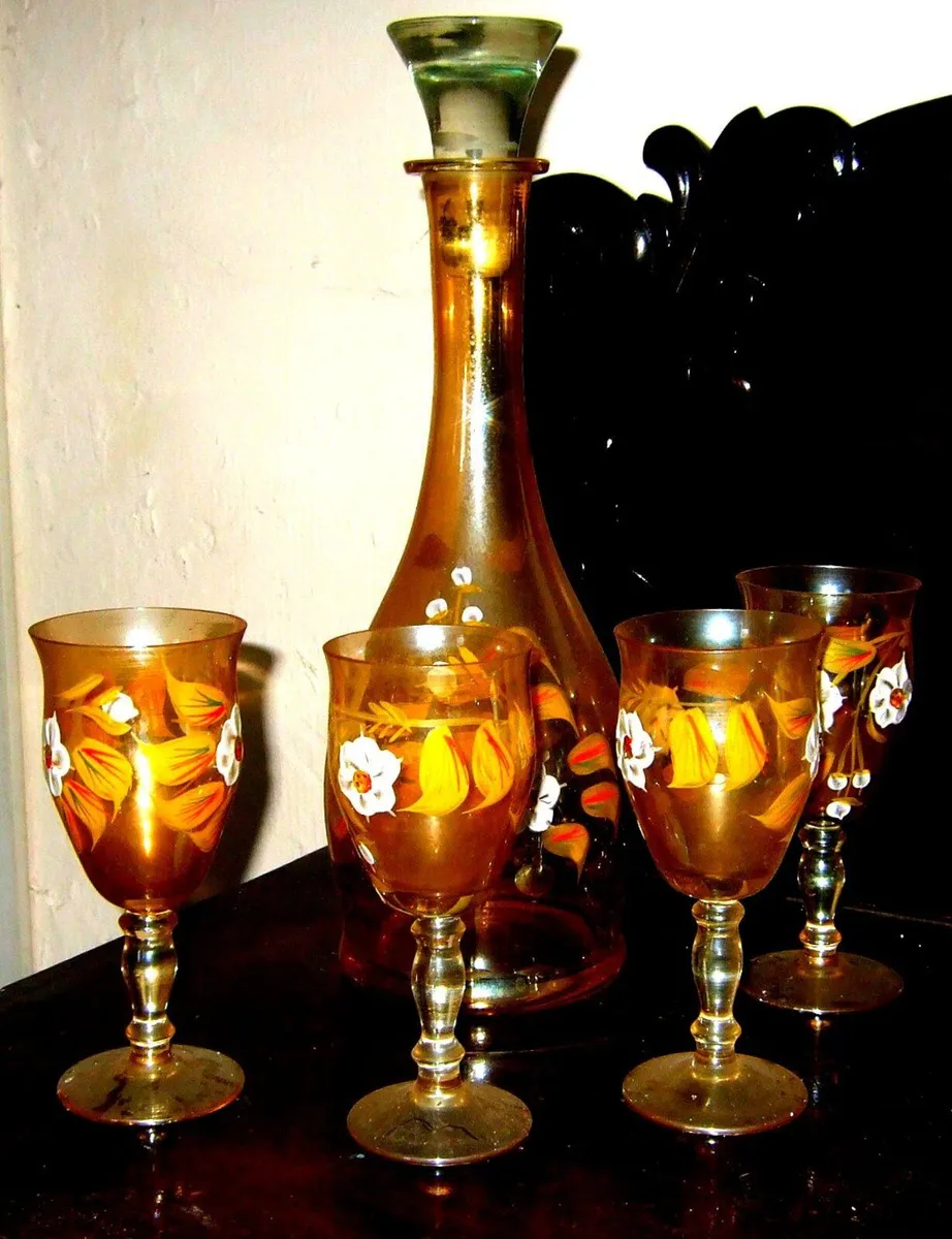 Vintage Bohemian Amber Glass Decanter & 4 Glasses - Image 2