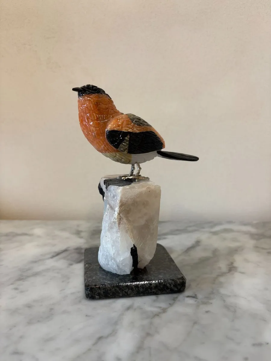 🐦 Hand-Carved Gemstone Bullfinch on Raw Quartz - Image 1