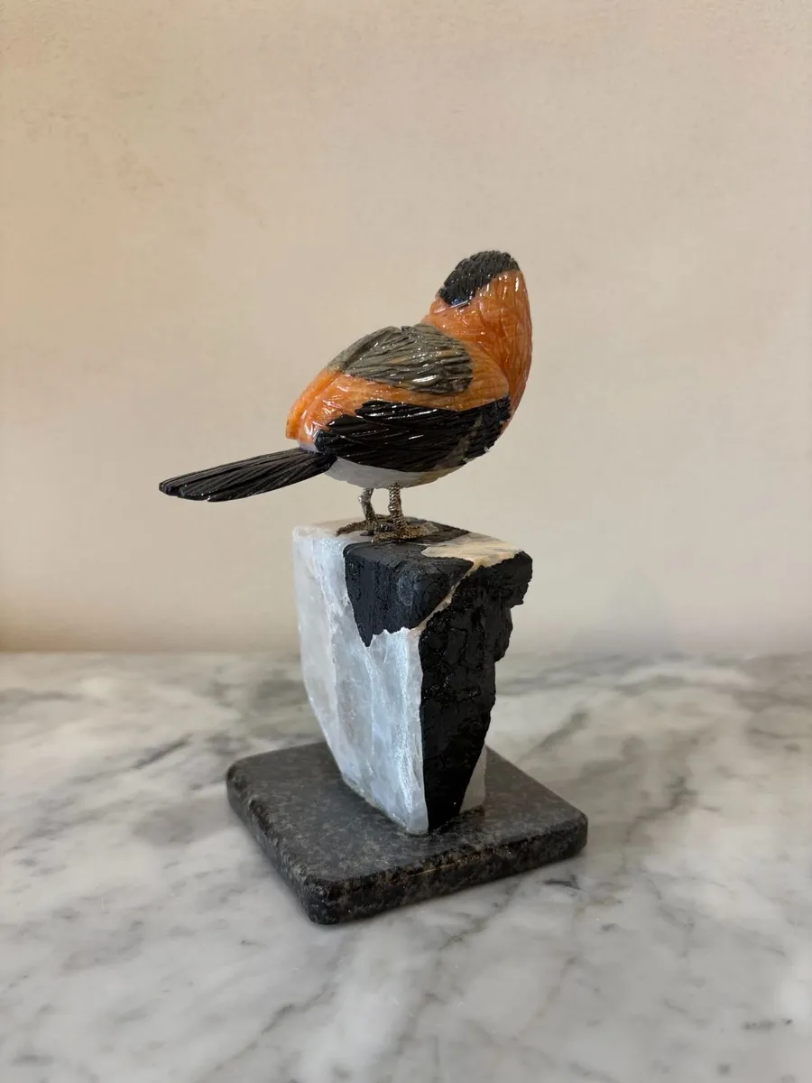 🐦 Hand-Carved Gemstone Bullfinch on Raw Quartz - Image 3