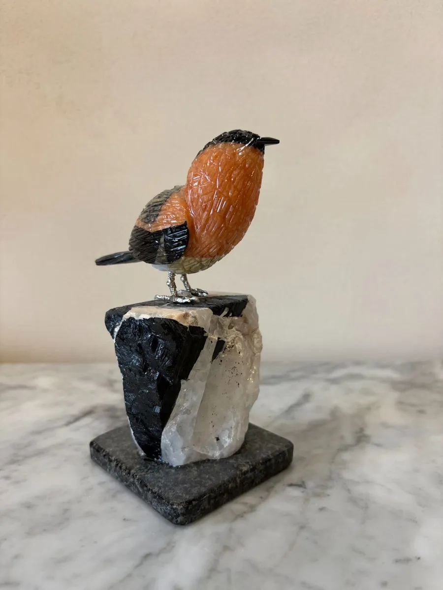 🐦 Hand-Carved Gemstone Bullfinch on Raw Quartz - Image 4
