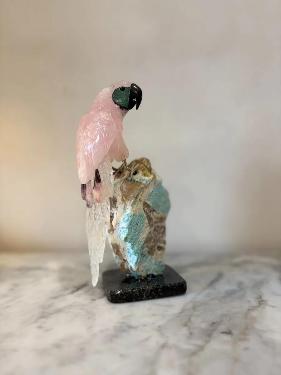 🐦 Hand-Carved Rose Quartz Parrot on Raw Amazonite - Image 1