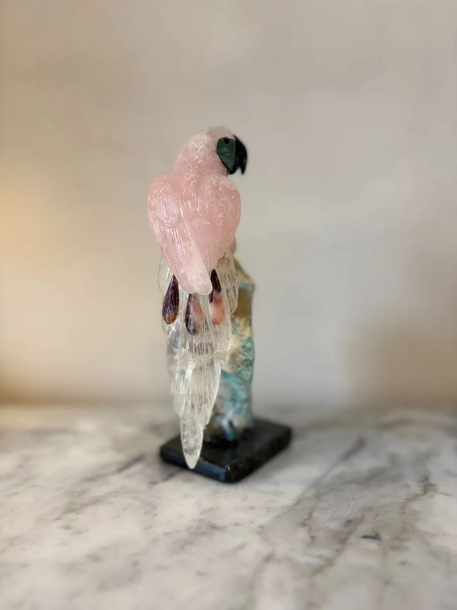 🐦 Hand-Carved Rose Quartz Parrot on Raw Amazonite - Image 2