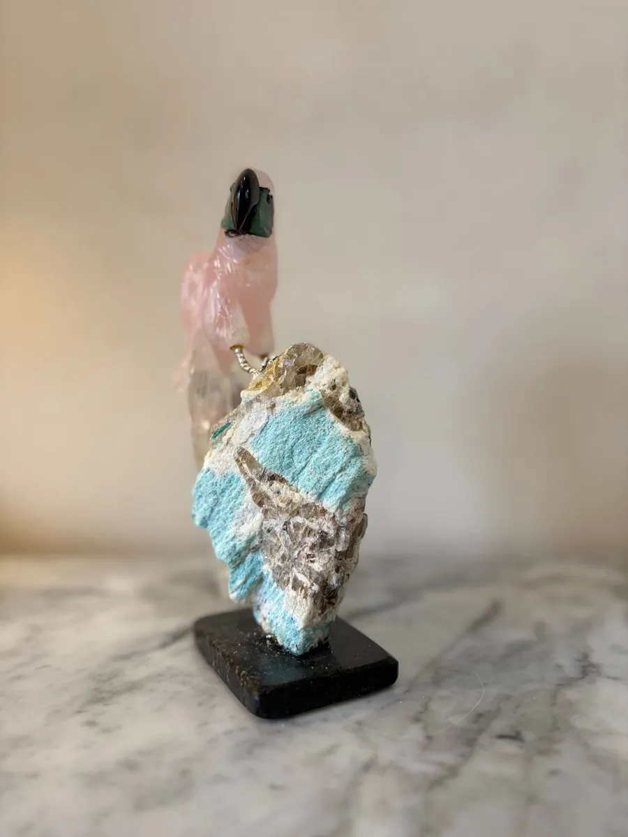 🐦 Hand-Carved Rose Quartz Parrot on Raw Amazonite - Image 3