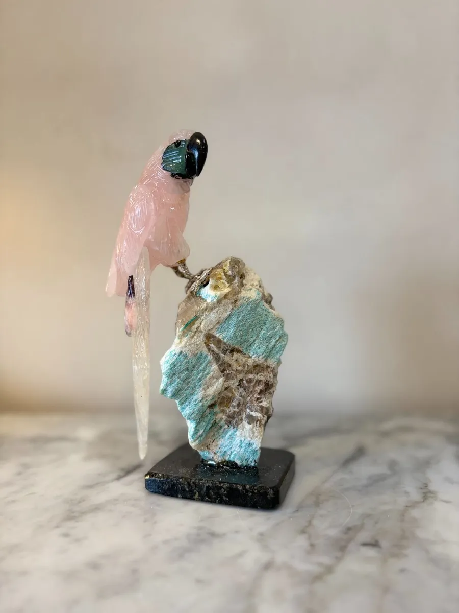 🐦 Hand-Carved Rose Quartz Parrot on Raw Amazonite - Image 4