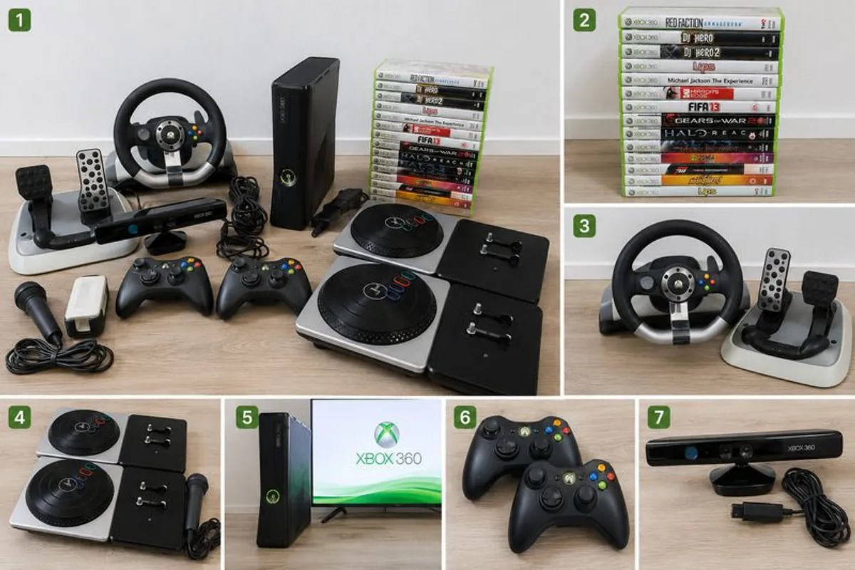 Xbox 360 Slim Bundle | Kinect | 2 Controllers | Racing Wheel | DJ Hero | 15 Games - Image 2