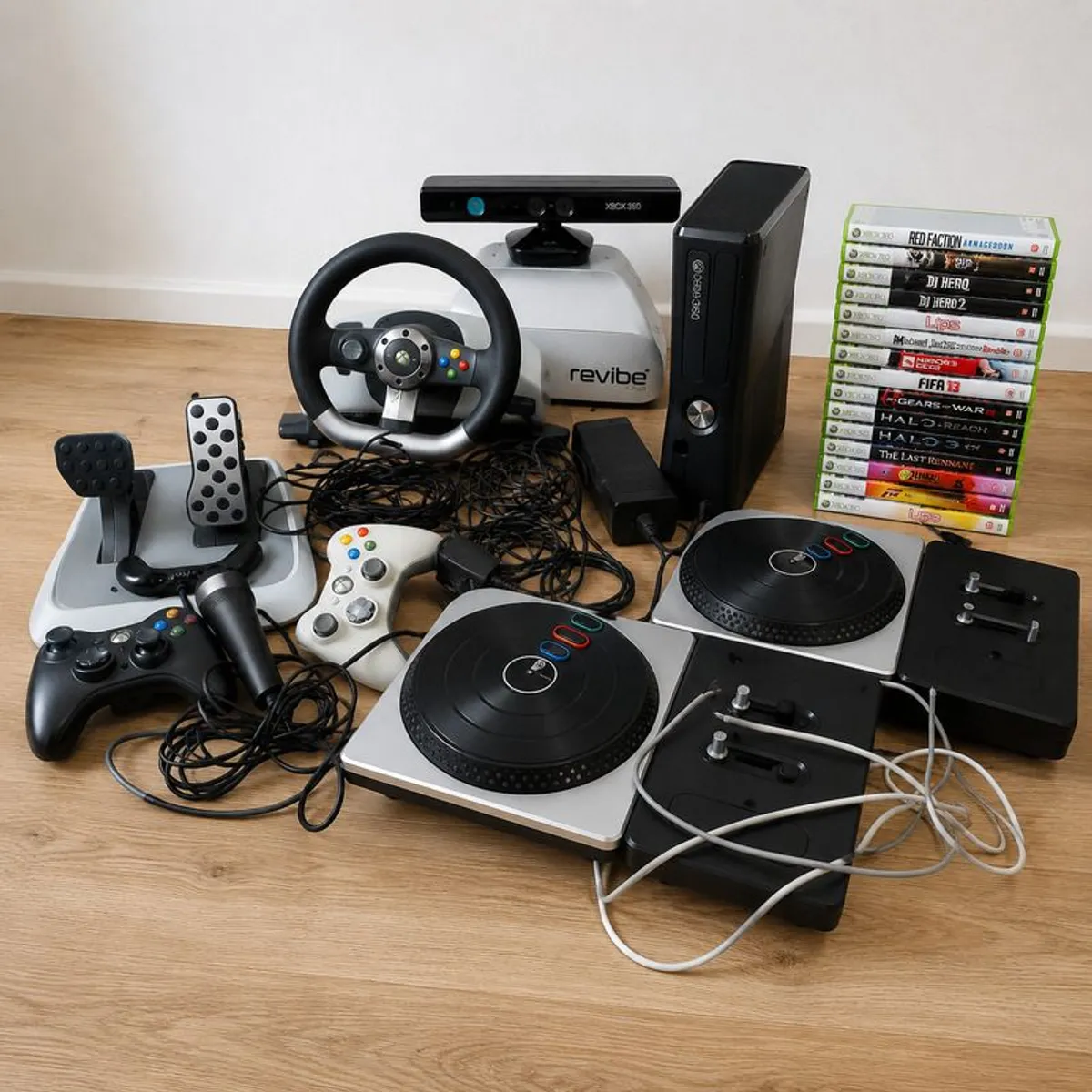 Xbox 360 Slim Bundle | Kinect | 2 Controllers | Racing Wheel | DJ Hero | 15 Games - Image 1