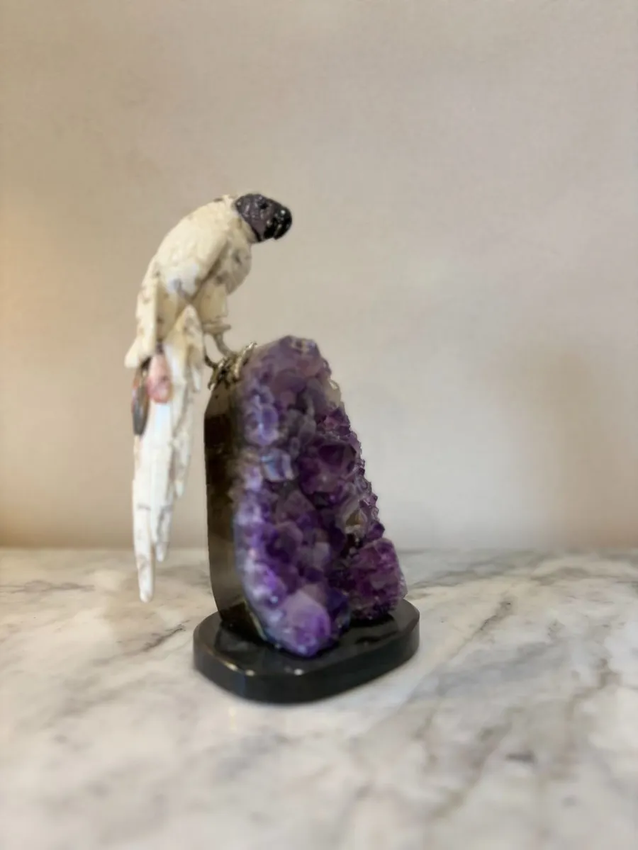 Luxury Hand-Carved White Gemstone Cockatoo Parrot - Image 2