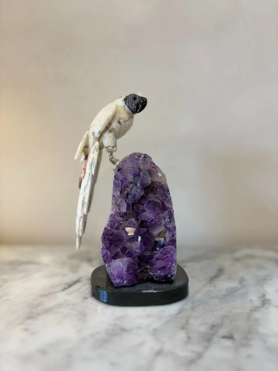 Luxury Hand-Carved White Gemstone Cockatoo Parrot - Image 1