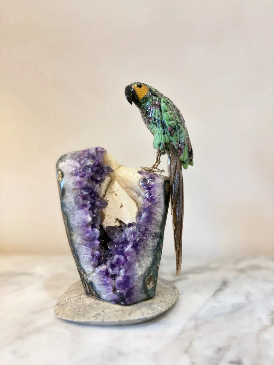 Premium Ruby in Zoisite Gemstone Parrot Carving - Image 1