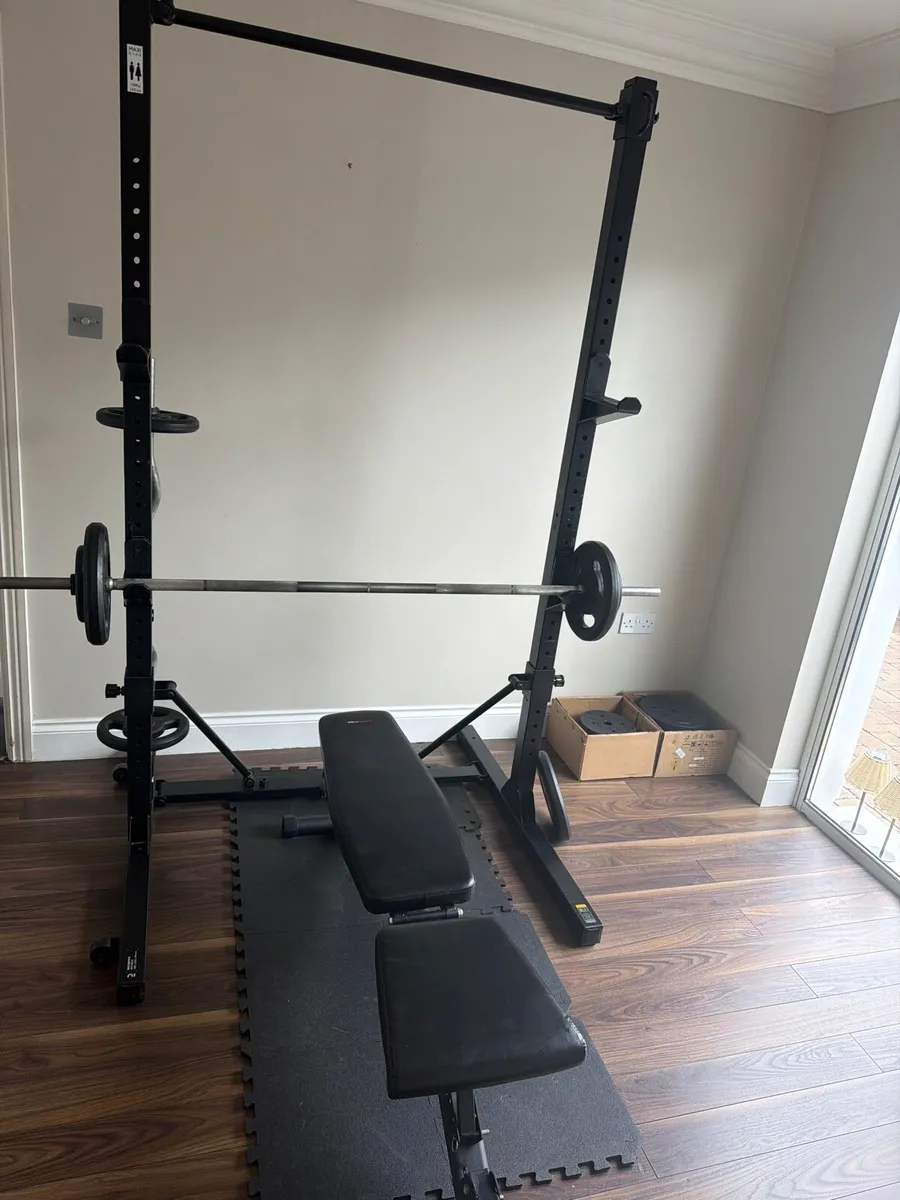 Barbell rack with 2 bars & weights 55kg with Bench - Image 1
