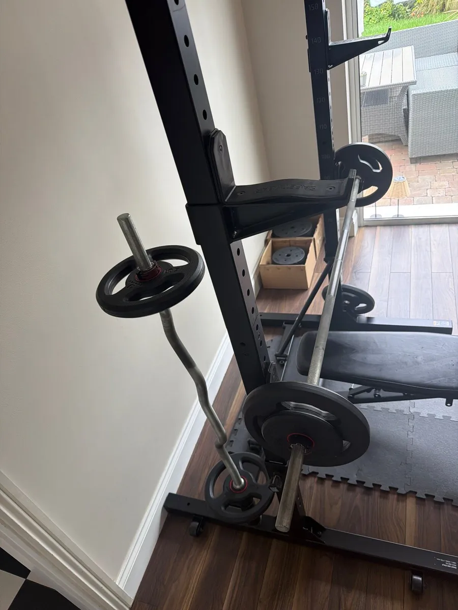 Barbell rack with 2 bars & weights 55kg with Bench - Image 2