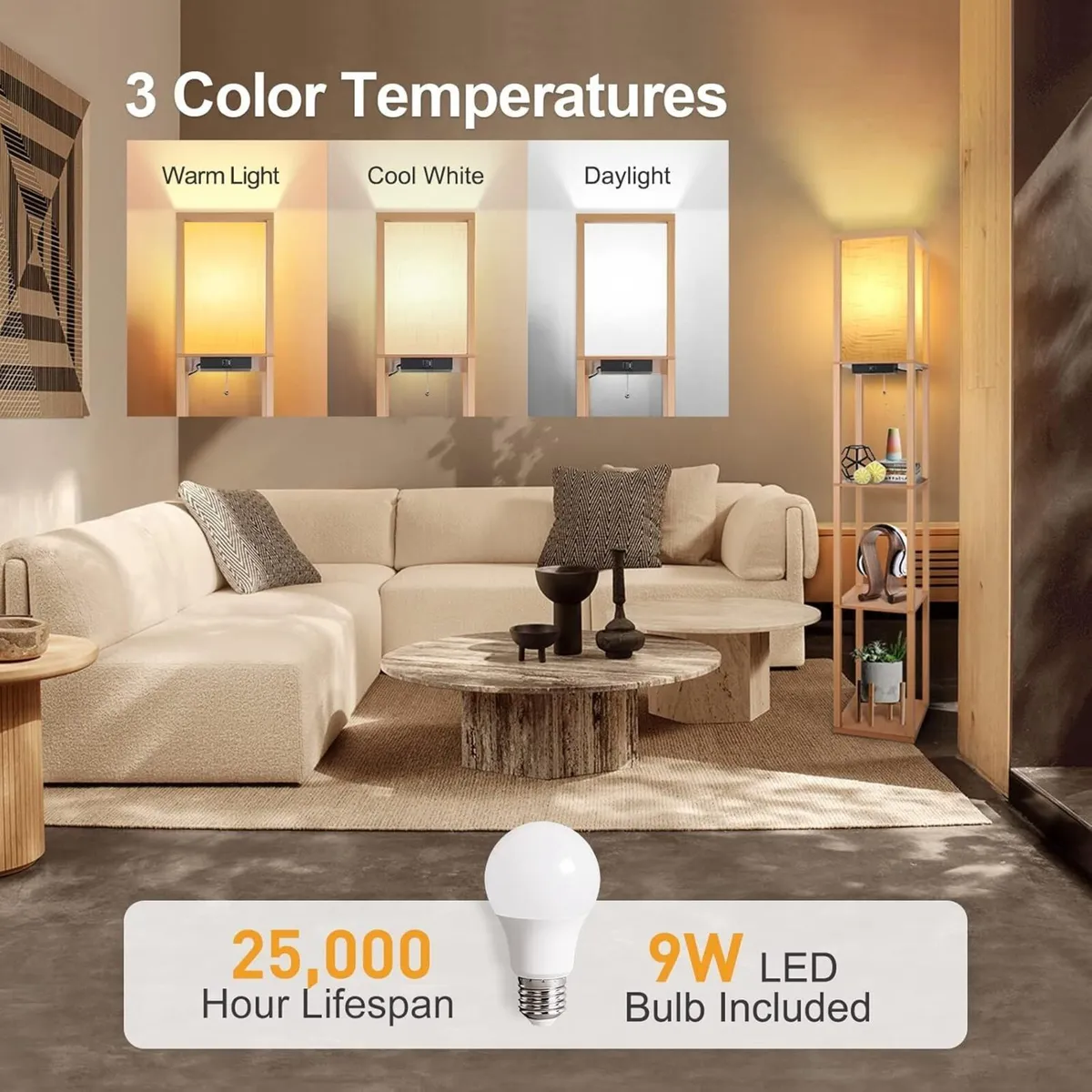 Floor Lamp with Shelves LED Column Modern USB - Image 2