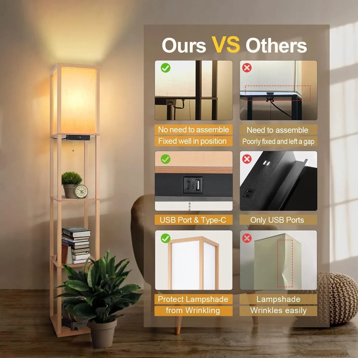 Floor Lamp with Shelves LED Column Modern USB - Image 3
