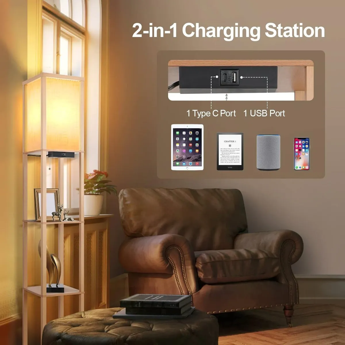 Floor Lamp with Shelves LED Column Modern USB - Image 4