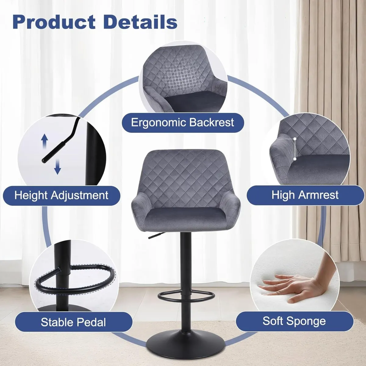 Bar Stools Height Adjustable Velvet Fabric Swivel - Image 4