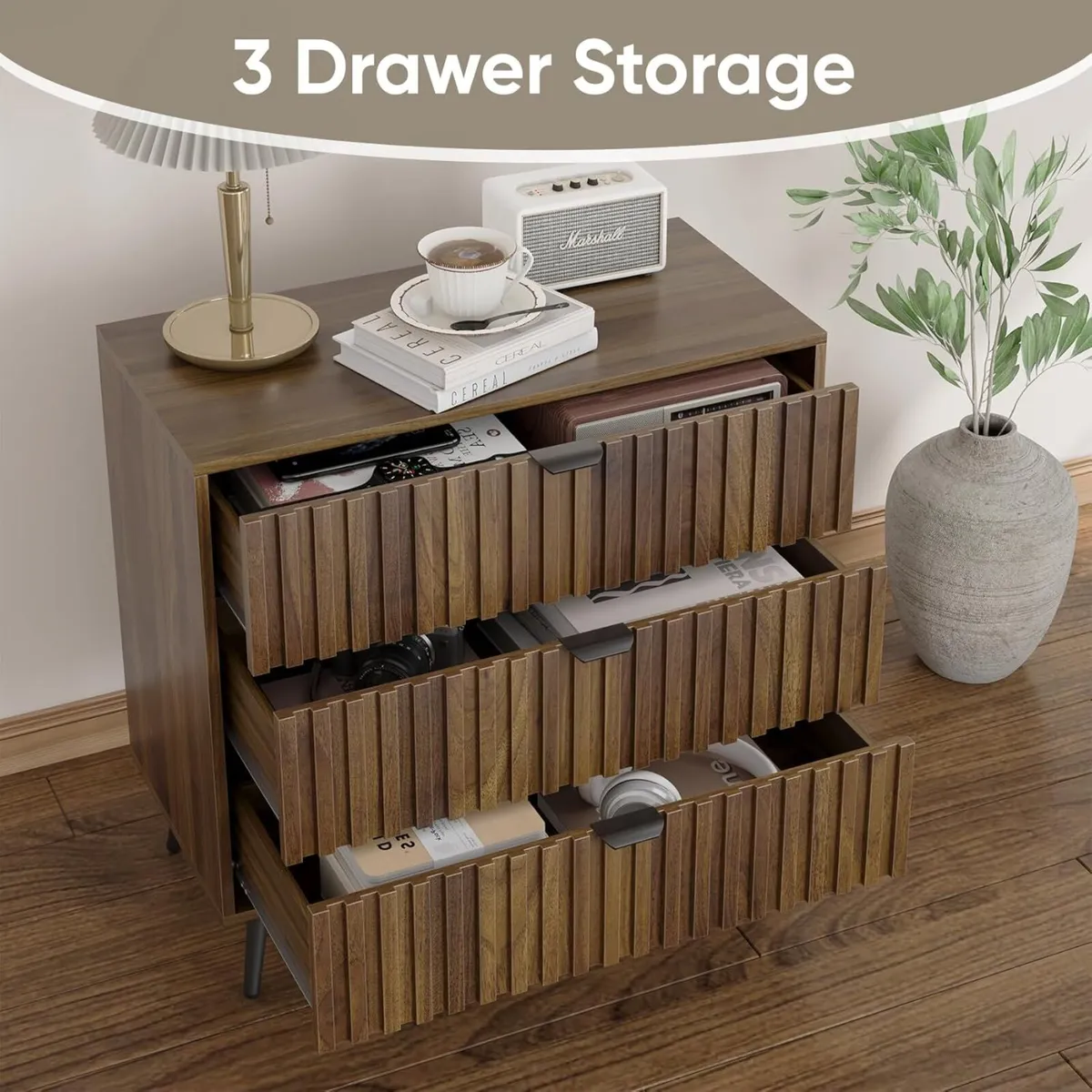 Fluted Chest of Drawers Mid- Century Modern Wooden - Image 4
