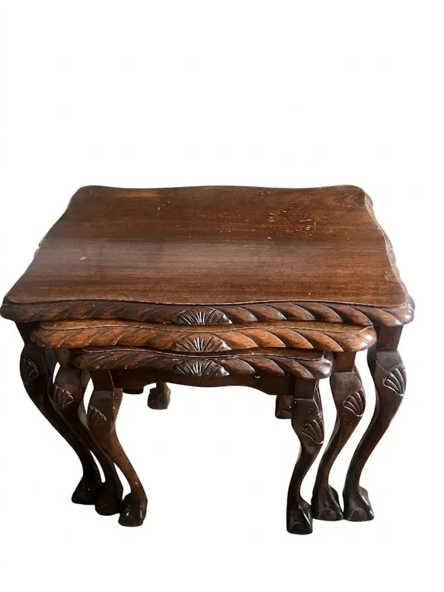 Set of 3 Carved Mahogany Nesting Tables - Image 2