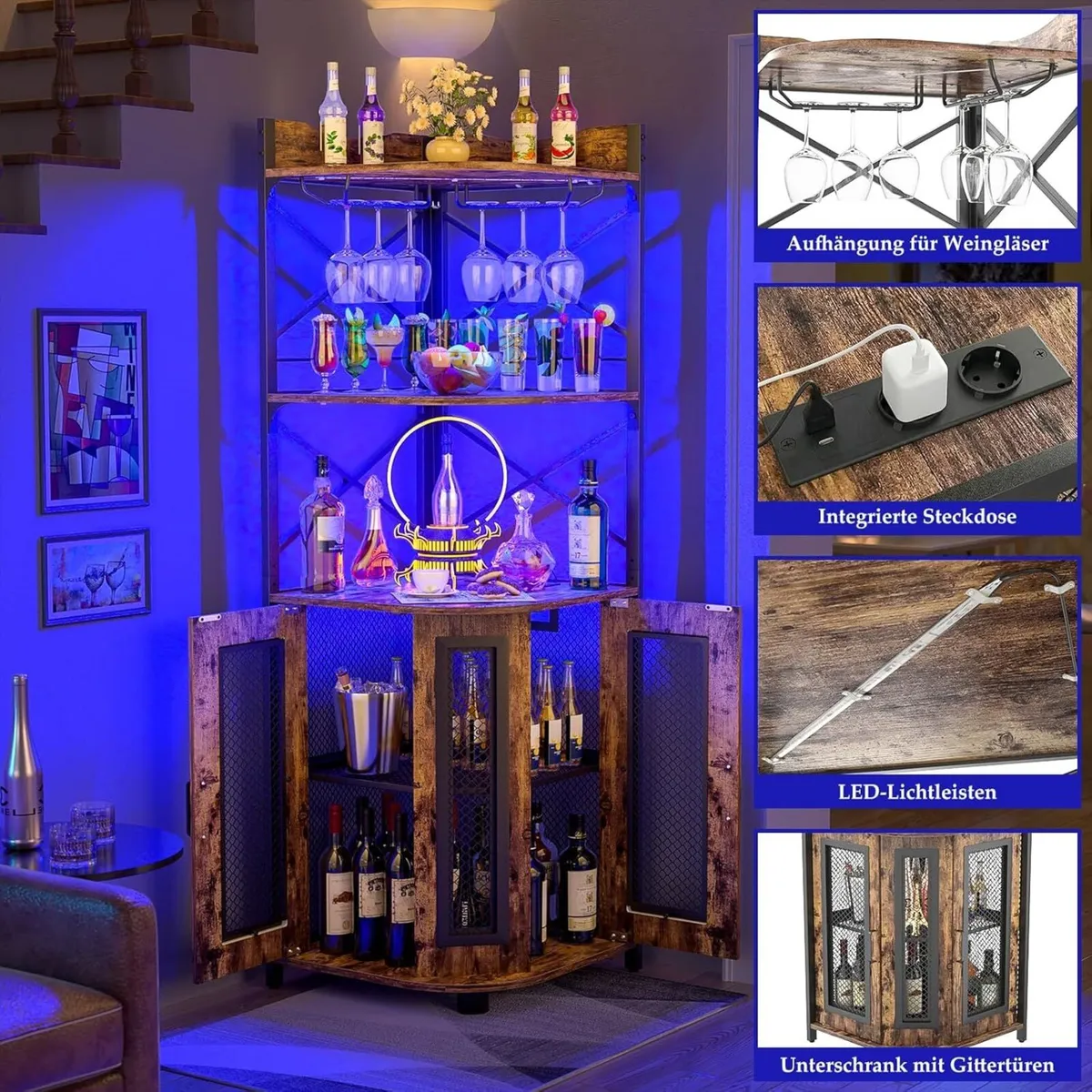 Corner Bar Cabinet with Socket, Industrial Wine Ca - Image 1