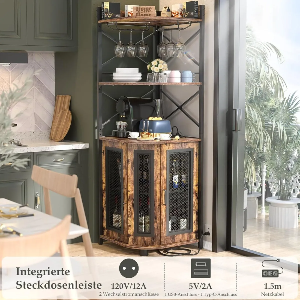 Corner Bar Cabinet with Socket, Industrial Wine Ca - Image 3