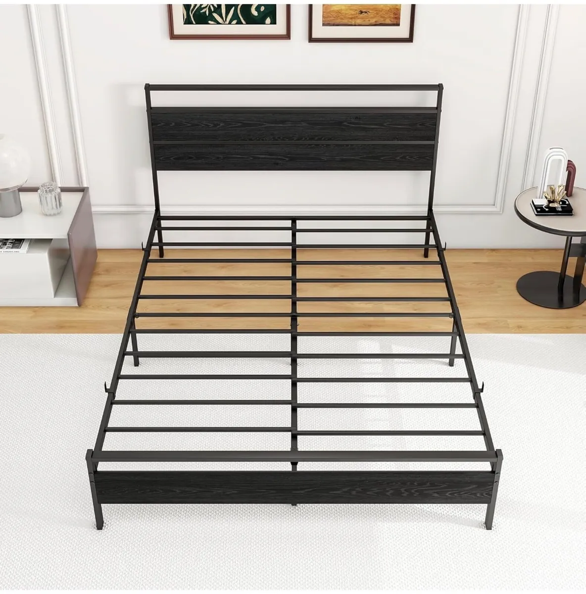 King Size Bed Frame with Wooden Headboard, Metal B - Image 2