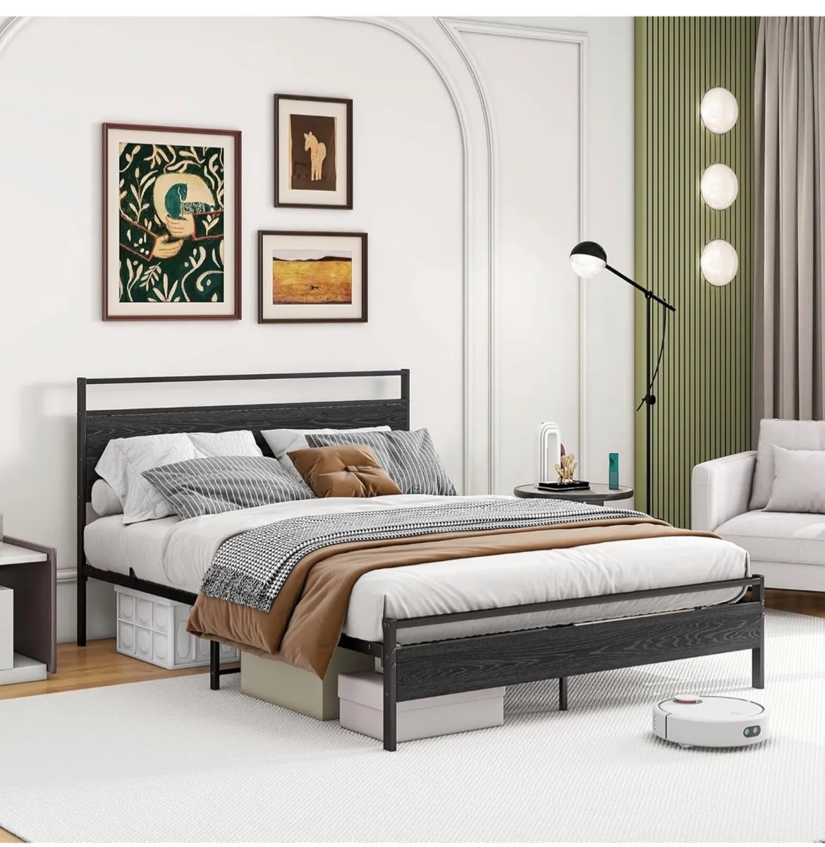 King Size Bed Frame with Wooden Headboard, Metal B - Image 3