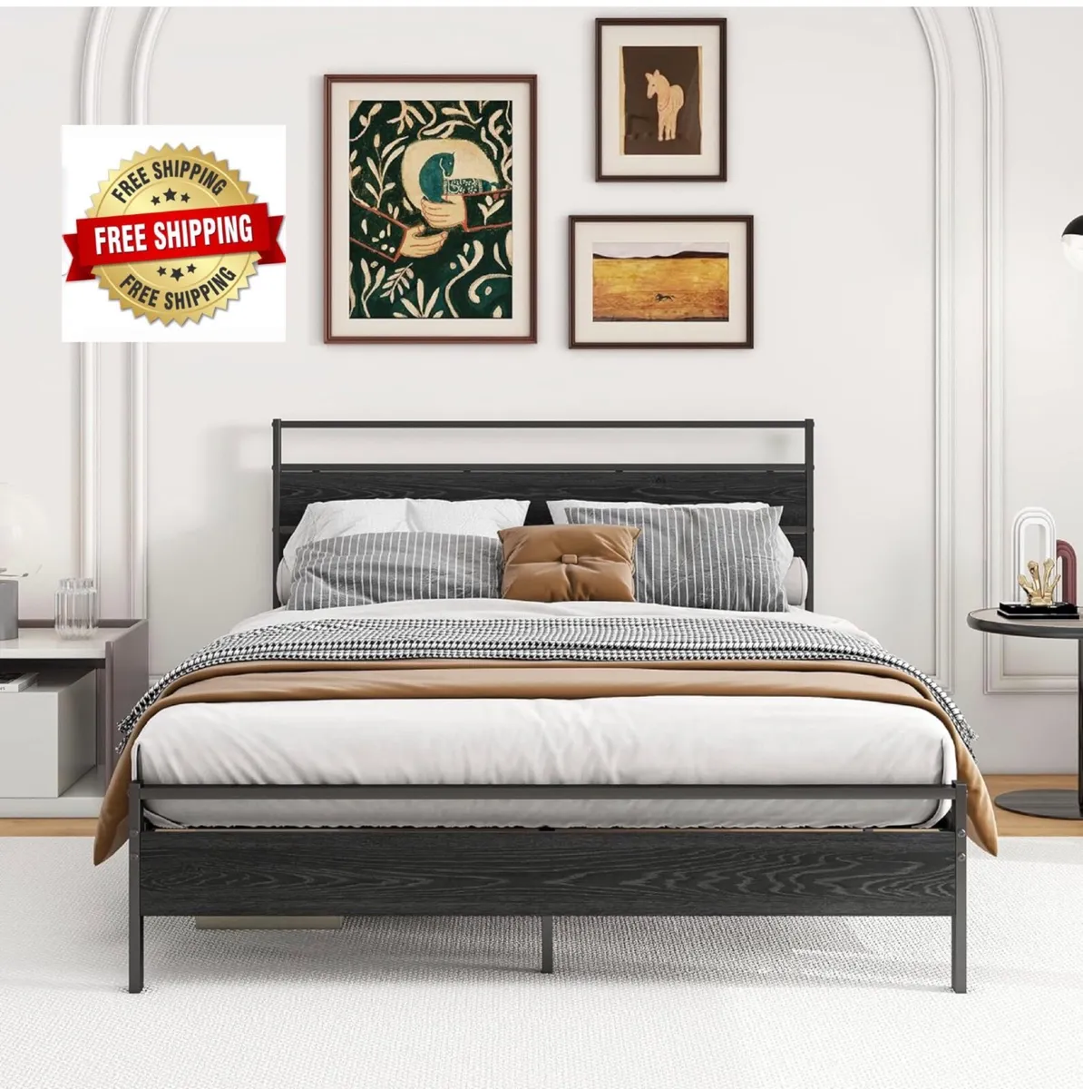 King Size Bed Frame with Wooden Headboard, Metal B - Image 1