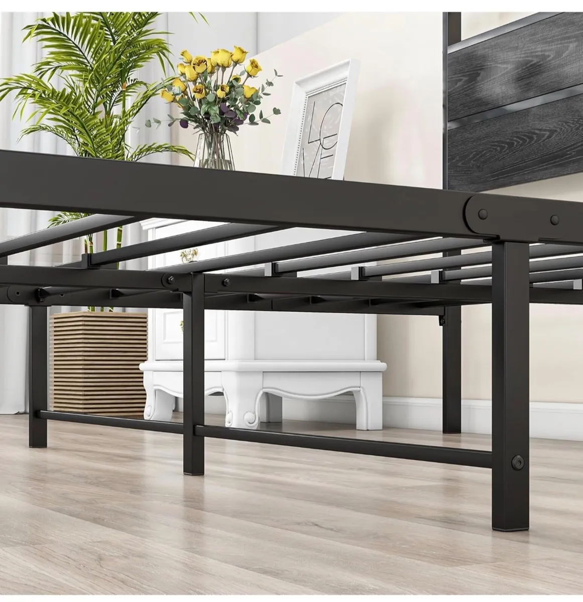 King Size Bed Frame with Wooden Headboard, Metal B - Image 3