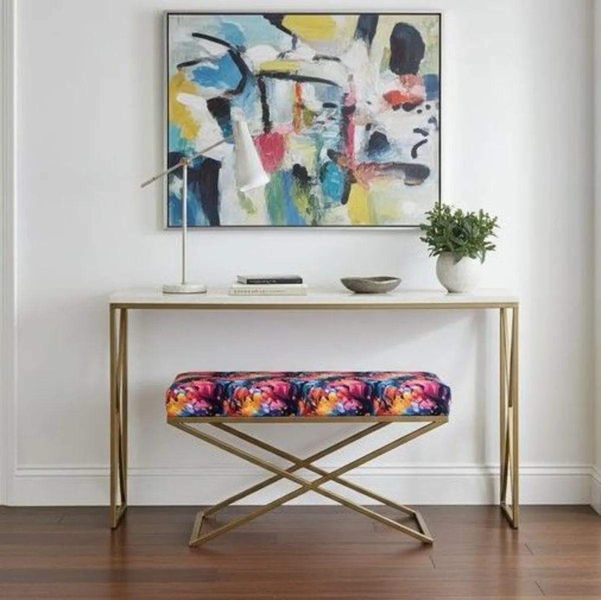 Metal-Framed X-Style Bench Floral Velvet with Gold - Image 1