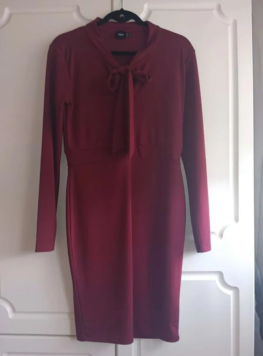 ASOS Burgundy Dress with classic bow tie neck. - Image 1