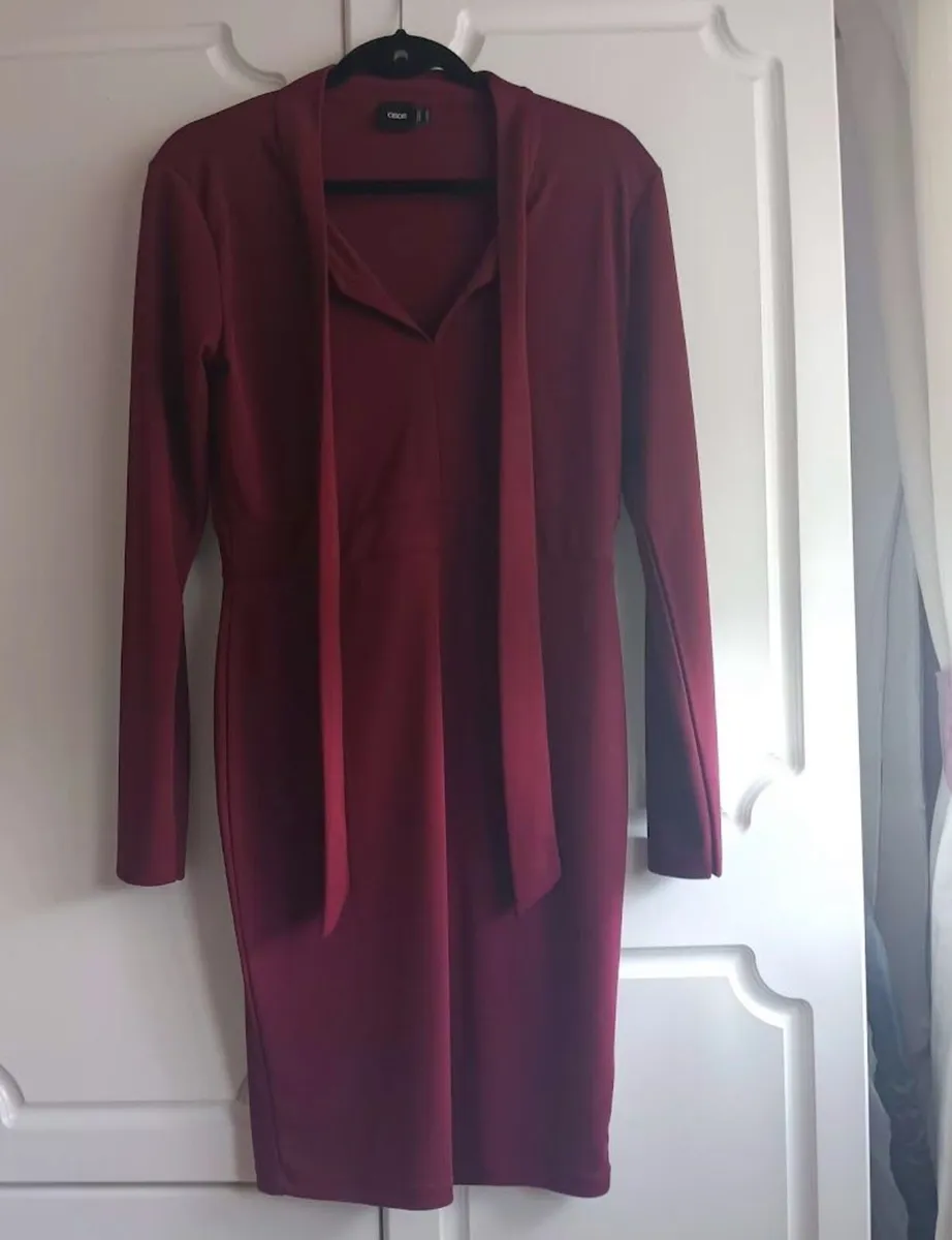ASOS Burgundy Dress with classic bow tie neck. - Image 2