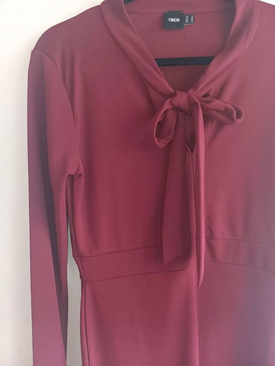 ASOS Burgundy Dress with classic bow tie neck. - Image 3