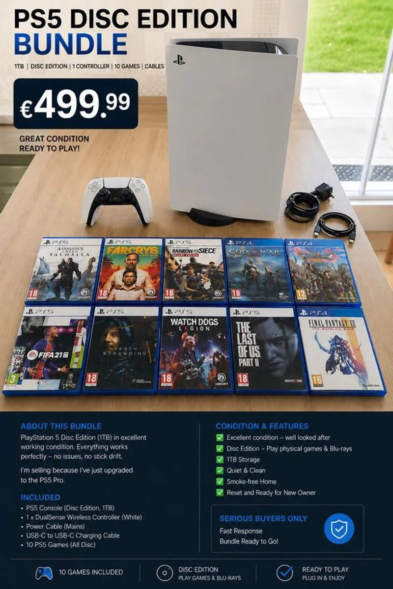 PS5 Disc Edition Bundle with 10 Games, Controller. In Excellent Condition - Image 1