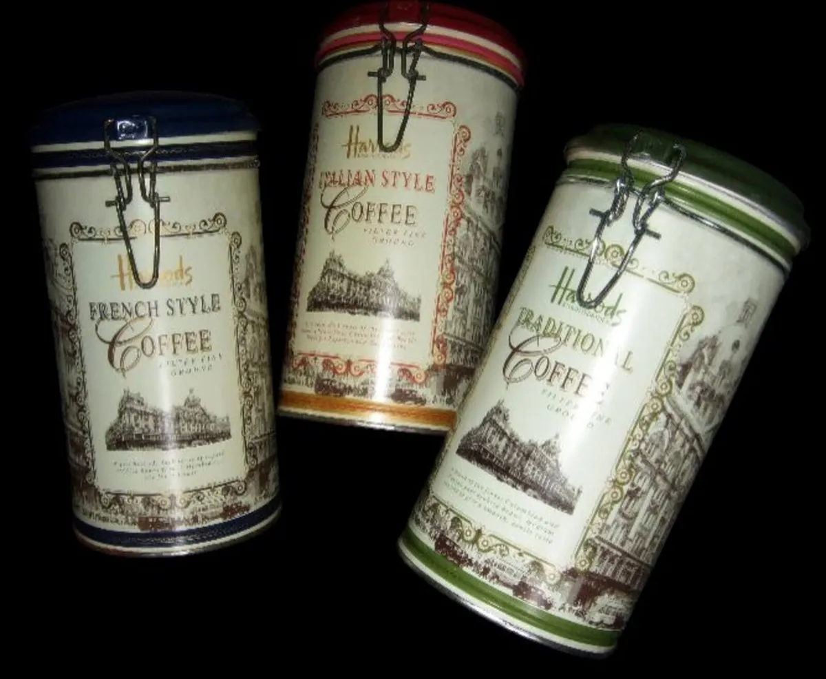 3 Vintage Harrods Coffee Tin Canisters - Image 2