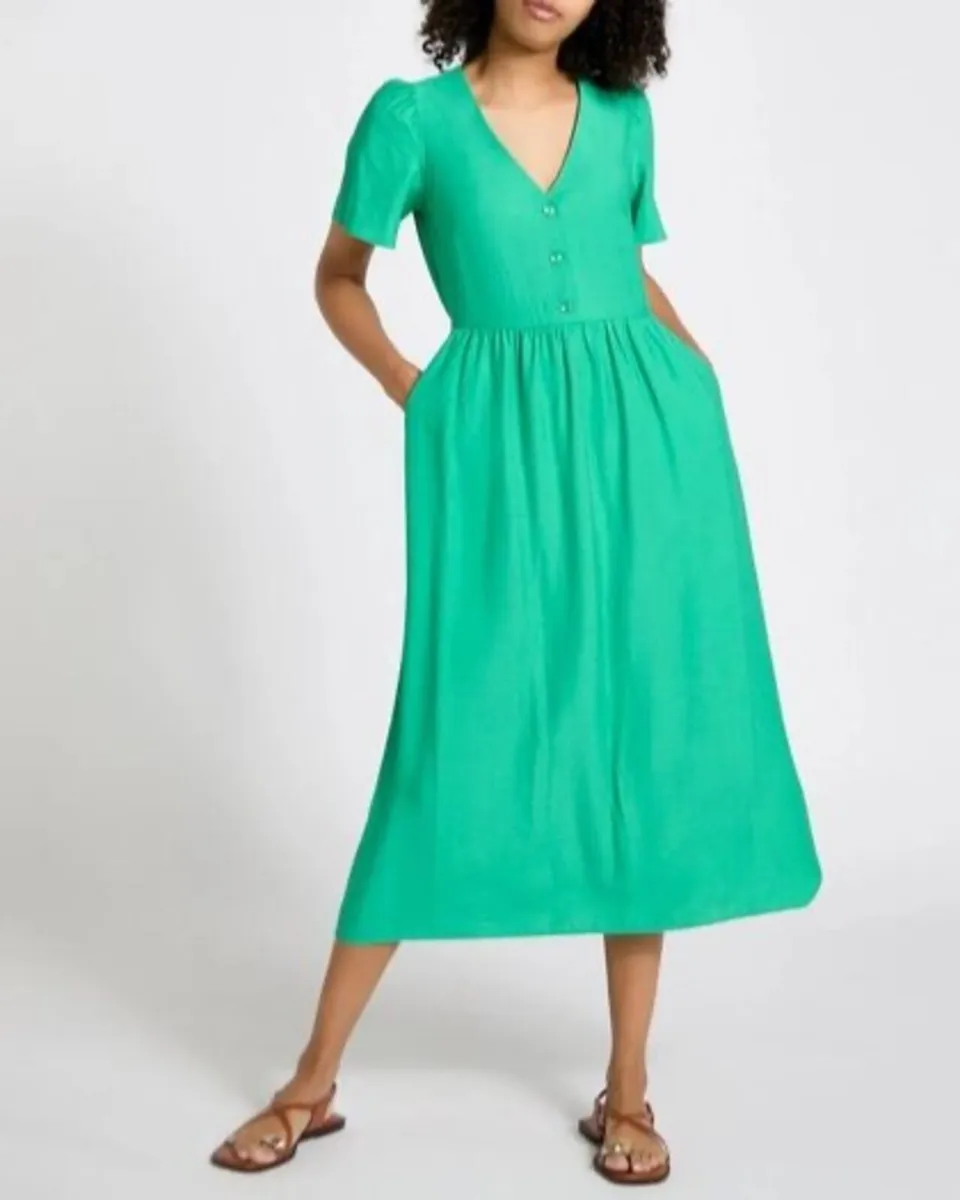 NEW Green Flutter Sleeve Button Front Midi Dress f - Image 1