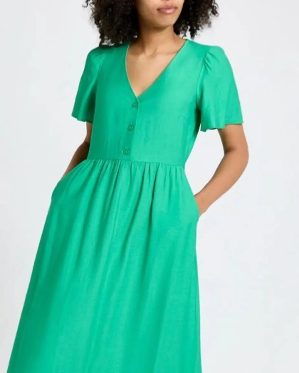 NEW Green Flutter Sleeve Button Front Midi Dress f - Image 2