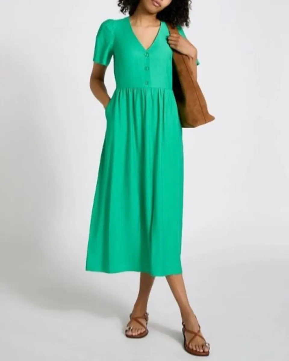 NEW Green Flutter Sleeve Button Front Midi Dress f - Image 3