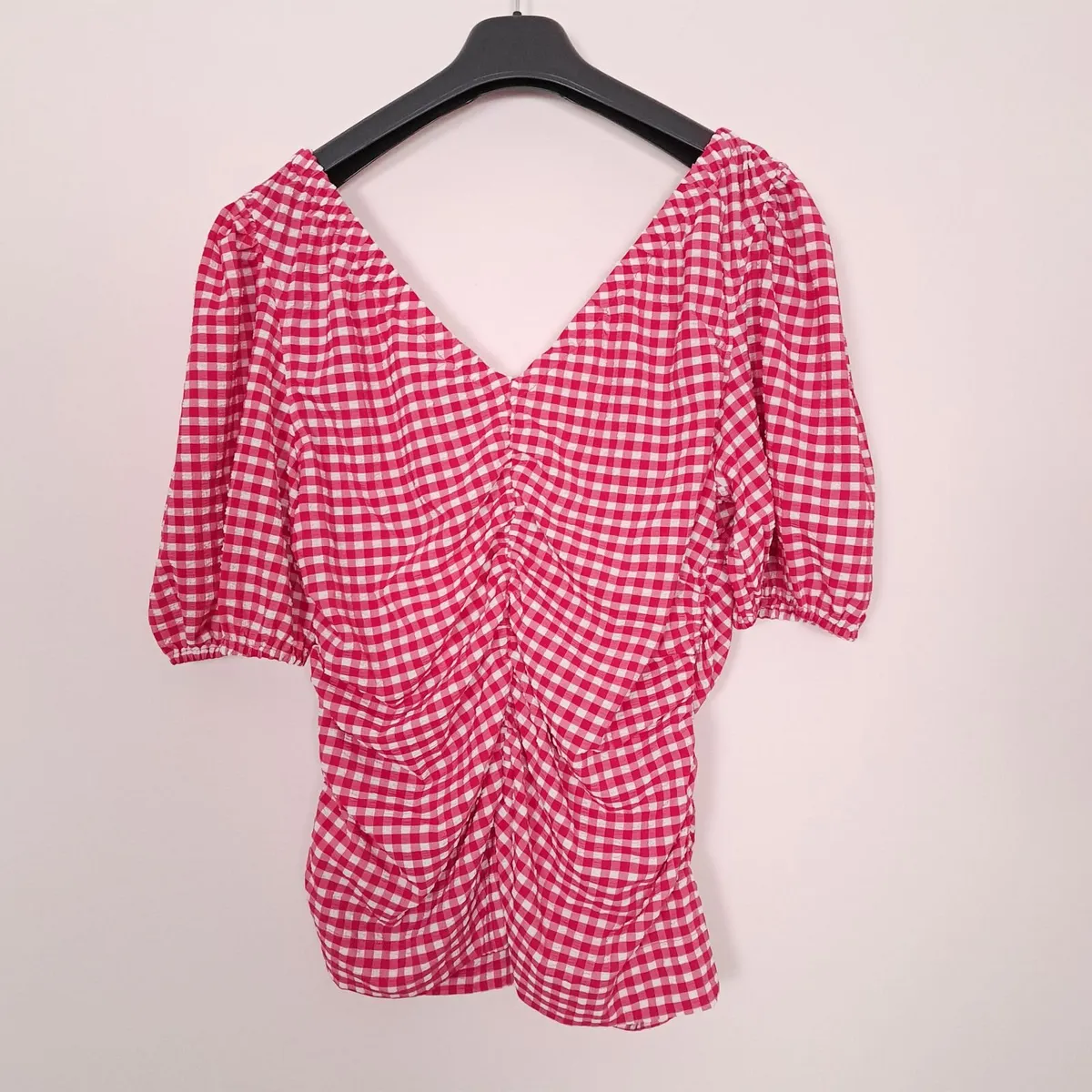 Ganni Red Pink White Gingham Ruched Top 20UK/48EU - Image 3