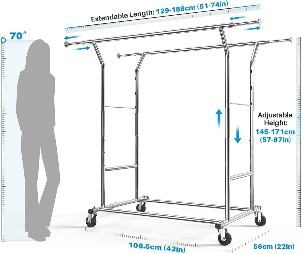 Heavy Duty Double Rail Clothes Rack on Wheels - Image 3